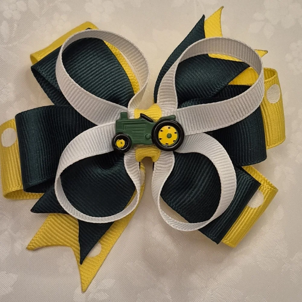 Kids Tractor Charm Hair Bow - Green, Yellow, and White